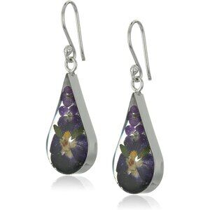Women's Purple Sterling Pressed Dried Resin Flower Teardrop Shape Earrings